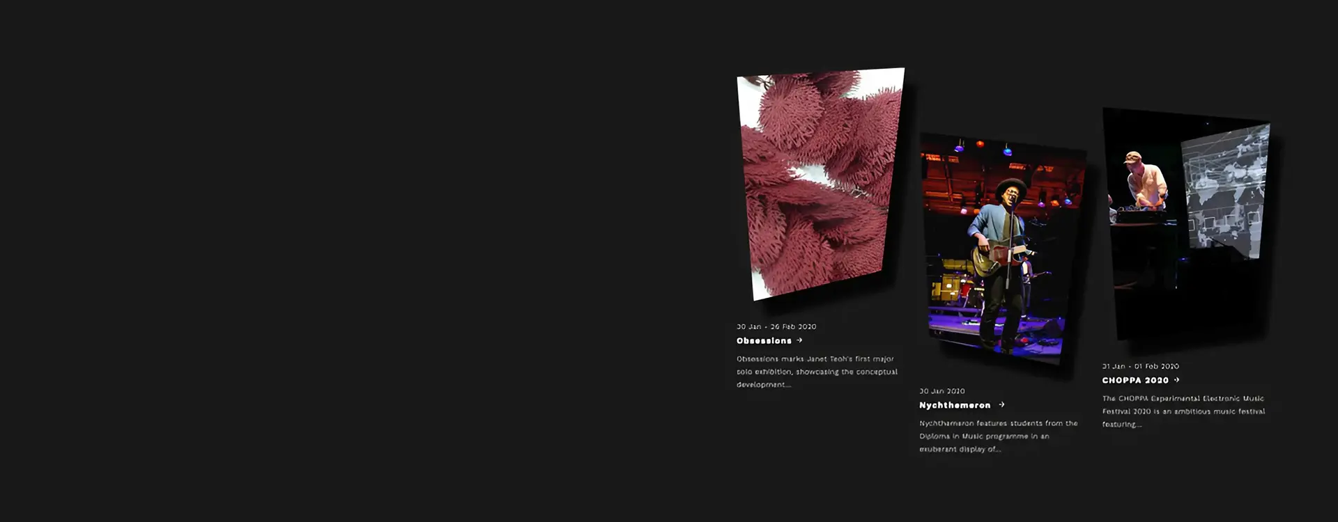 A screenshot from the Lasalle website showcasing various events and exhibitions.