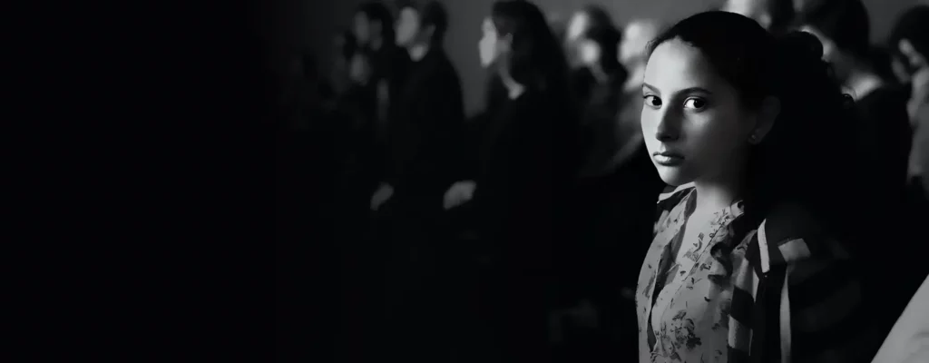 A young girl captured in a moment of focus, surrounded by an audience bathed in soft light and shadows.