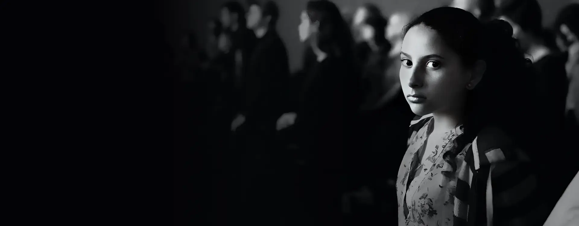 A young girl captured in a moment of focus, surrounded by an audience bathed in soft light and shadows.