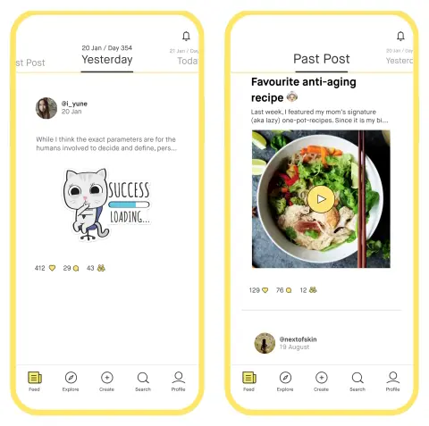 A Screenshots from the Dayre application taken from a phone, displaying various social media posts with different content.