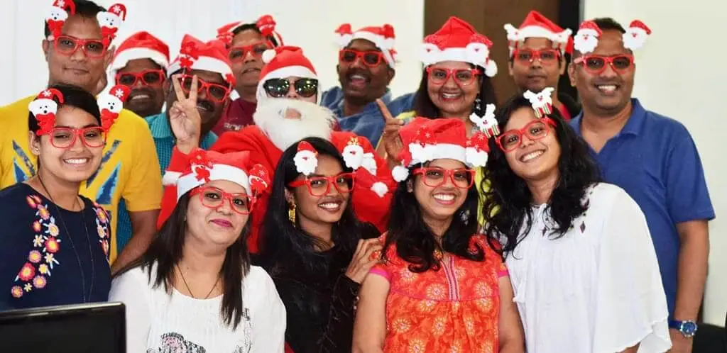 Focalworks team gathering for a photo on the occasion of a Christmas party.