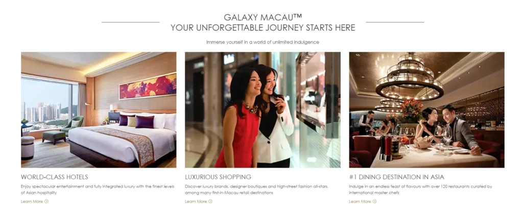 "A screenshot of Galaxy Macau's website showcasing the resort's luxurious amenities including a world-class hotel, high-end shopping, and premier dining.