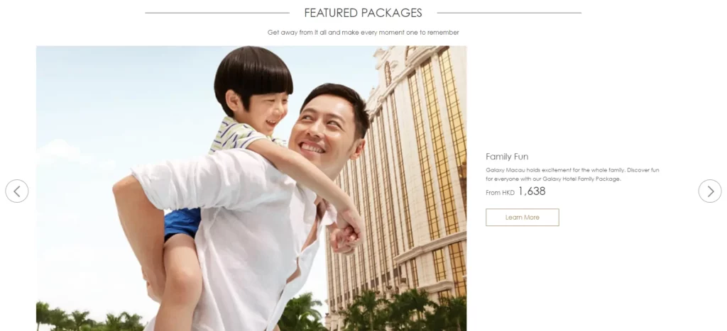 "A screenshot of Galaxy Macau website features a father carrying his son on his back, with details on hotel package pricing.