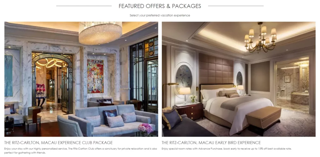 "A screenshot of the Galaxy Macau website displays luxurious living and bedroom images along with package discount offer details.