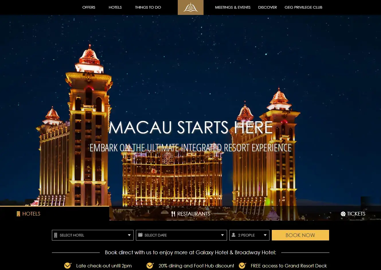 A screenshot of Galaxy Macau featuring a grand resort in Macau at night, with options to book hotels and tickets.
