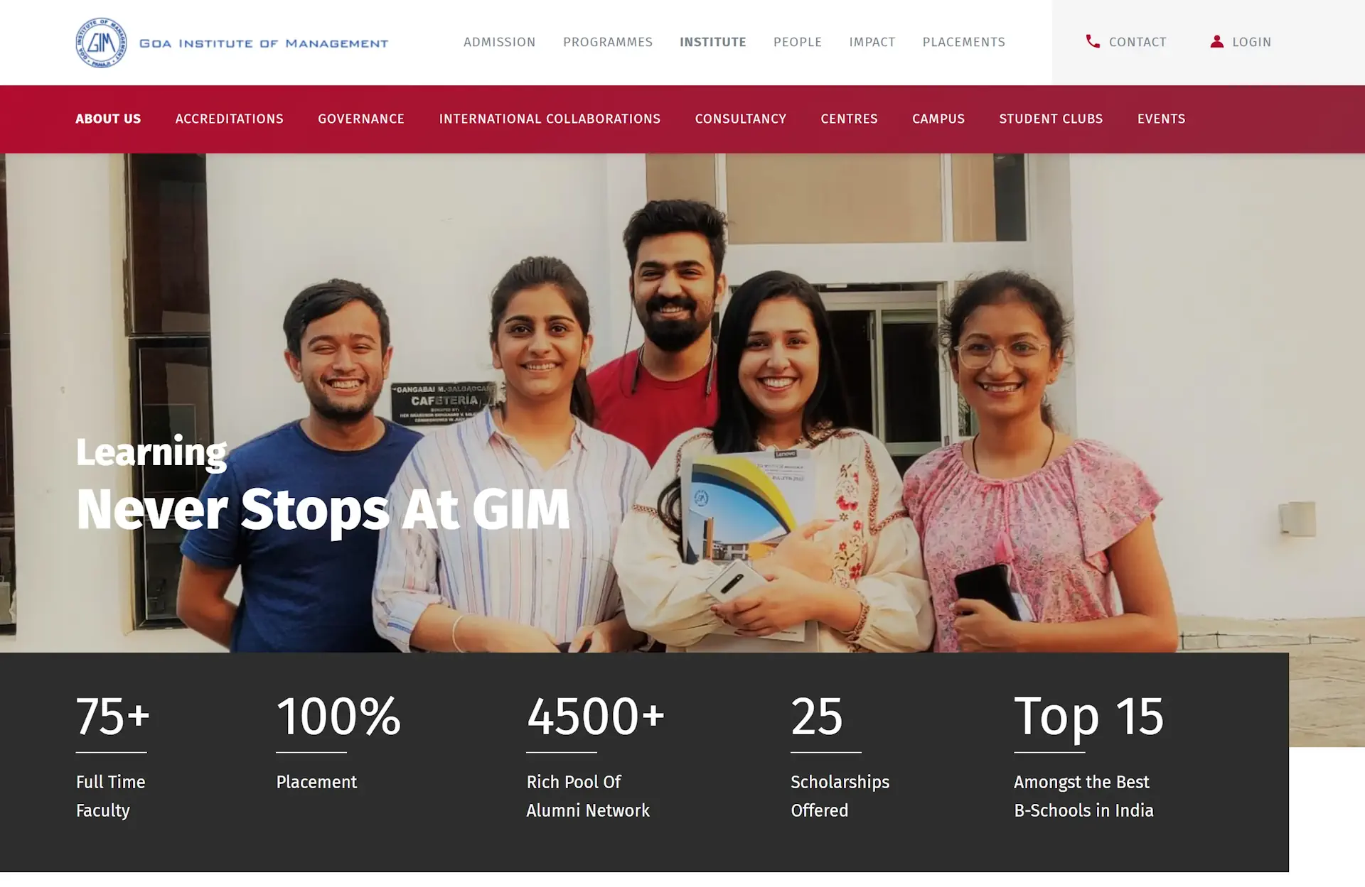 A Screenshot of the Goa Institute of Management Website Showing a Group of Smiling Students Representing a Vibrant Campus Life.
