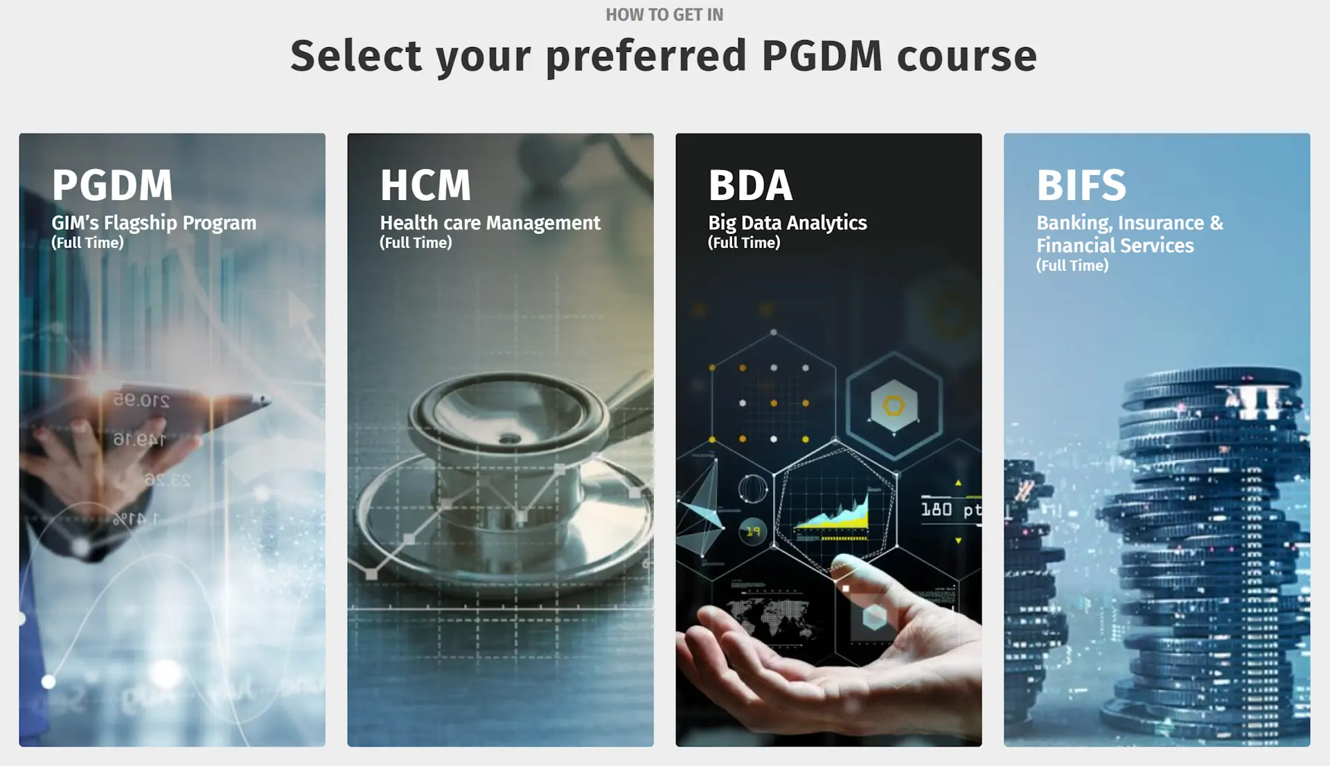 Screenshot of a section from the GIM website showcasing four specialized pgdm courses offered by the management institute.