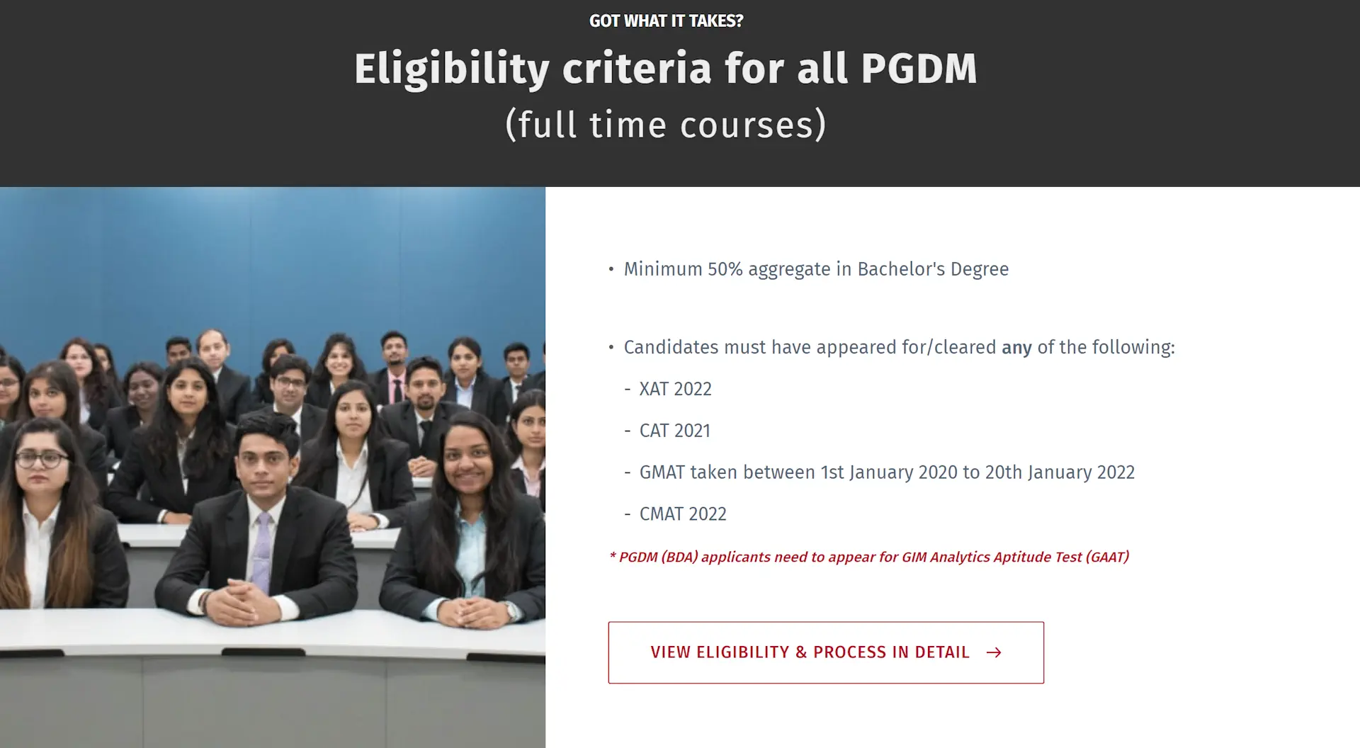 Image of a group of students in a classroom setting with details about eligibility criteria for pgdm program at the Goa Institute of Management.