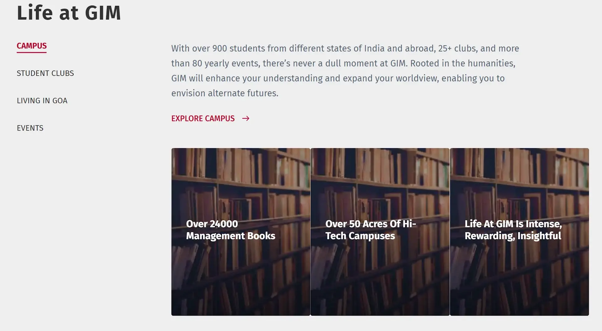 Screenshot of a section from the GIM website showcasing the campus facilities and student life.