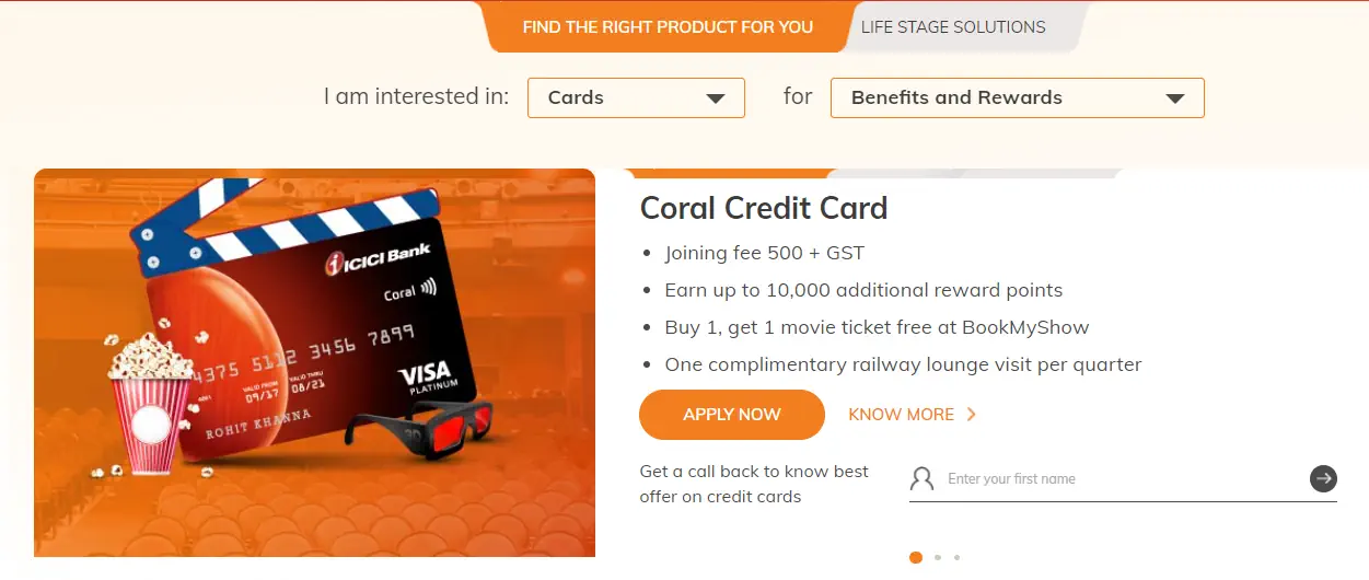 A vibrant advertisement showcasing a coral credit card by icici bank that highlights benefits with a prominent apply now button.