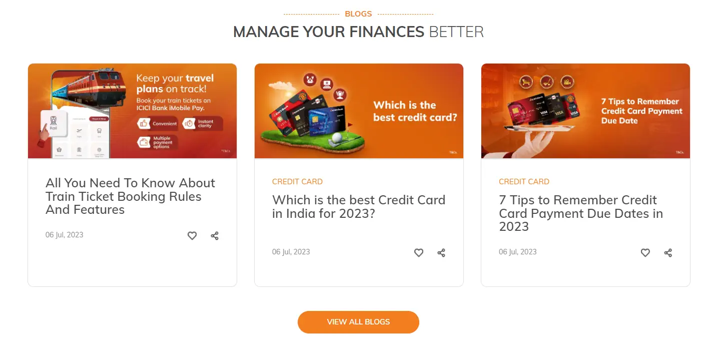 A screenshot of the ICICI Bank app displays blog articles giving tips on managing financial expenses.