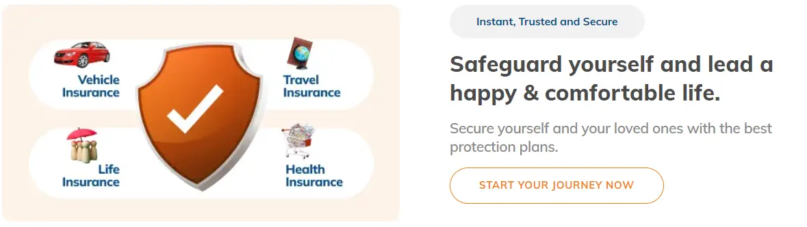 A promotional graphic featuring an illustration of a shield with icons representing vehicle, travel, life, and health insurance.