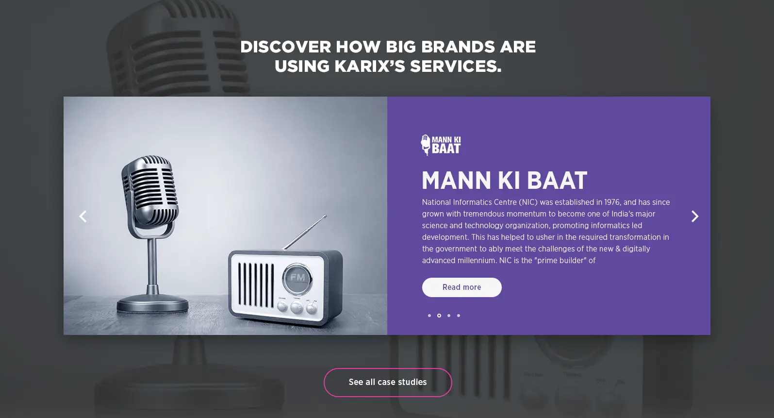 A screenshot of the Karix website features a vintage microphone and FM radio icon, with a paragraph discussing about National Informatics Centre.