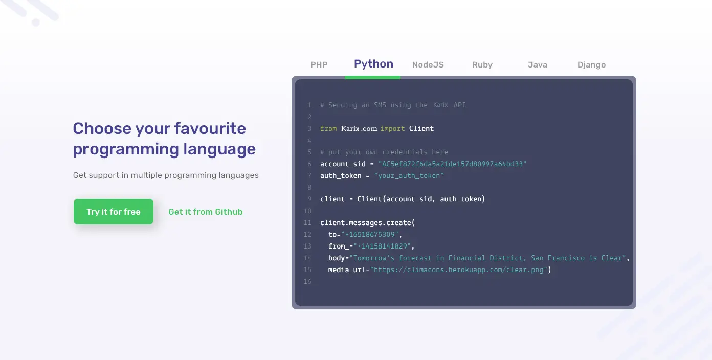 A screenshot of the Karix webpage highlights the flexibility to choose your preferred programming language.