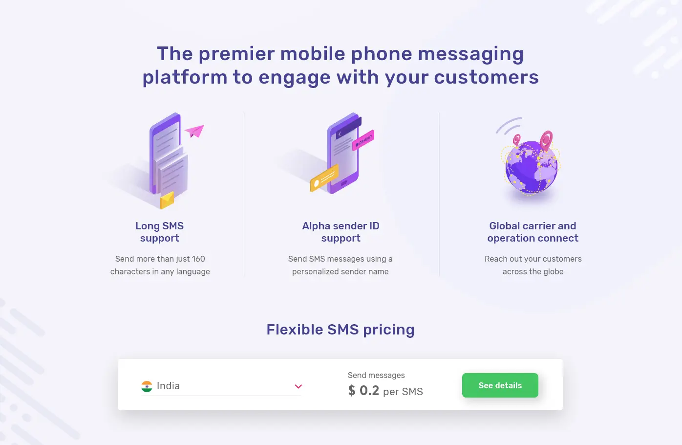 "A screenshot of an infographic showcasing the features of a phone messaging platform, with a focus on flexible SMS pricing for India.