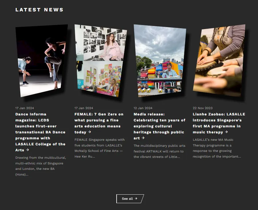 A screenshot of the LASALLE website's "Latest News" section featuring a collage of four different news articles related to arts.
