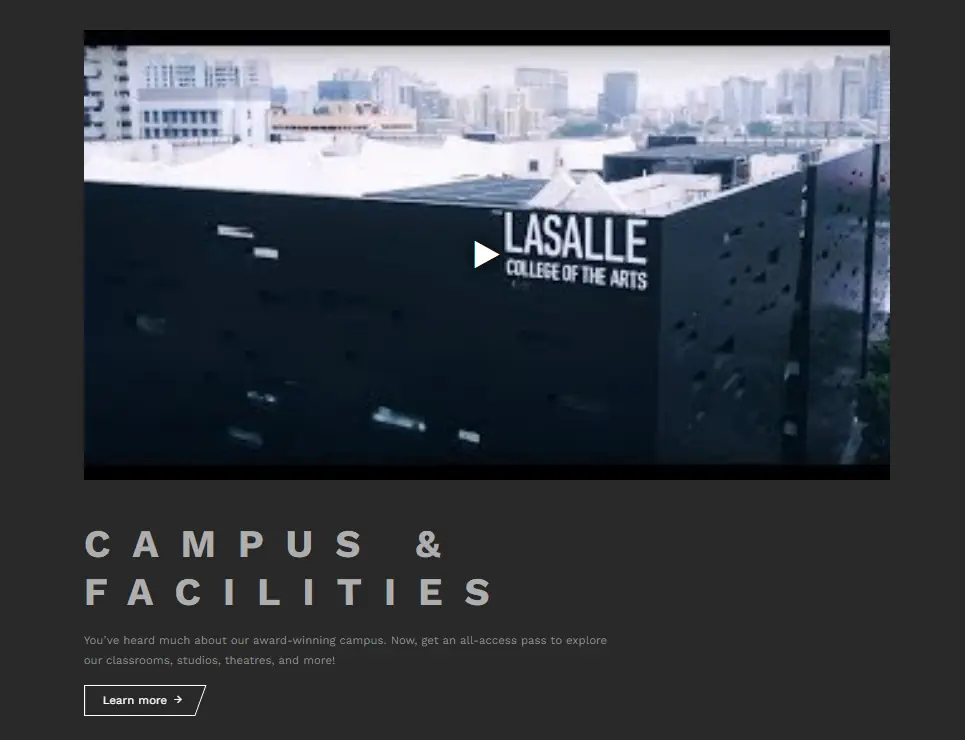 A screenshot of the LASALLE website featuring "Campus & Facilities" with a background video showcasing the campus exterior.
