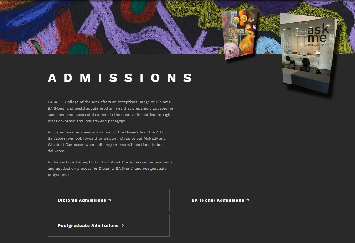 A screenshot of the LASALLE website displaying the college admission process form with an office picture.