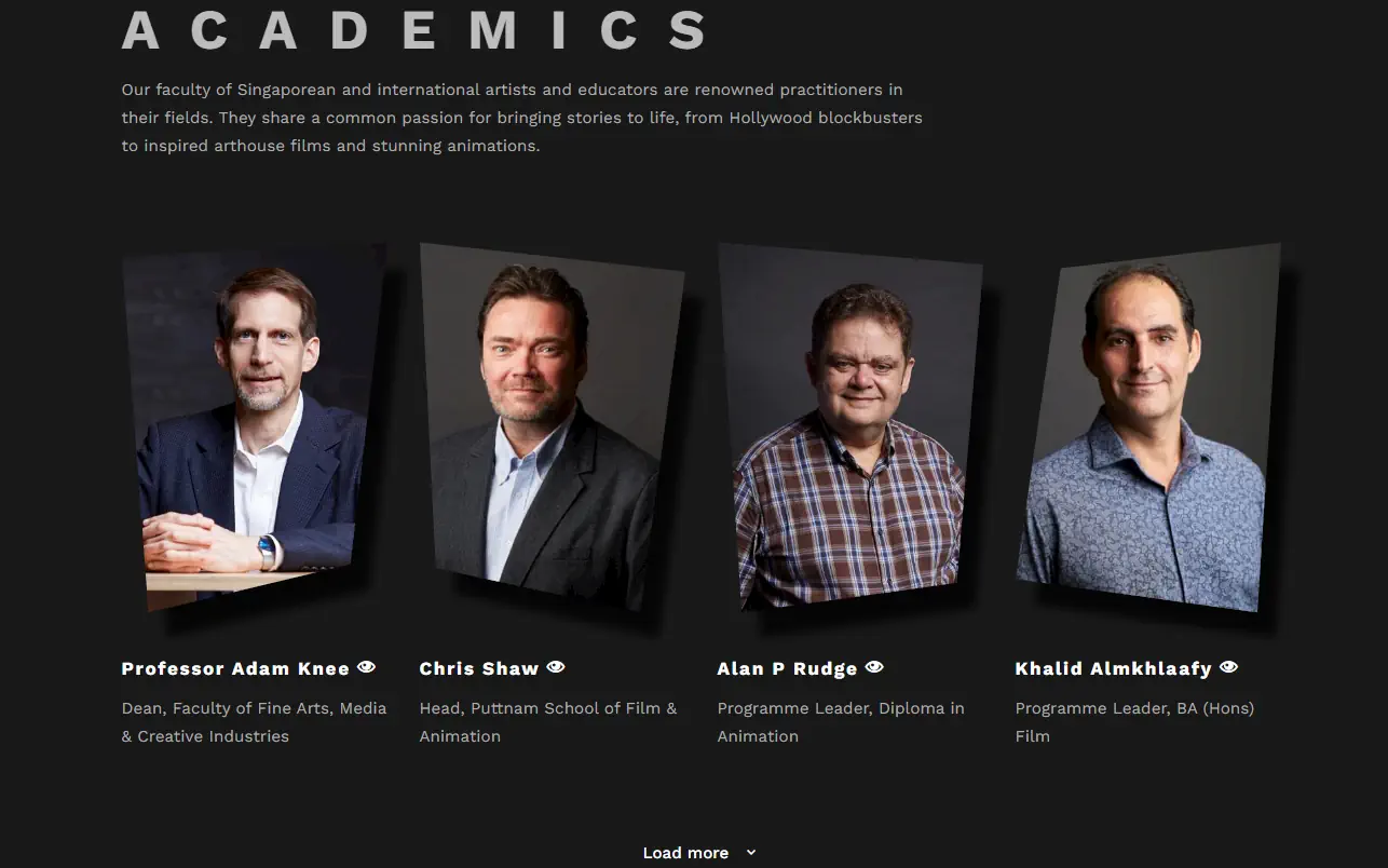 A screenshot of the LASALLE website displaying four professional portraits of faculty members of an arts and animation institution.