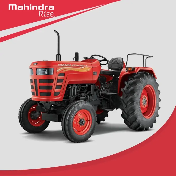 A bold red mahindra tractor on display, showcasing its durable design and ready for heavy-duty farming tasks.