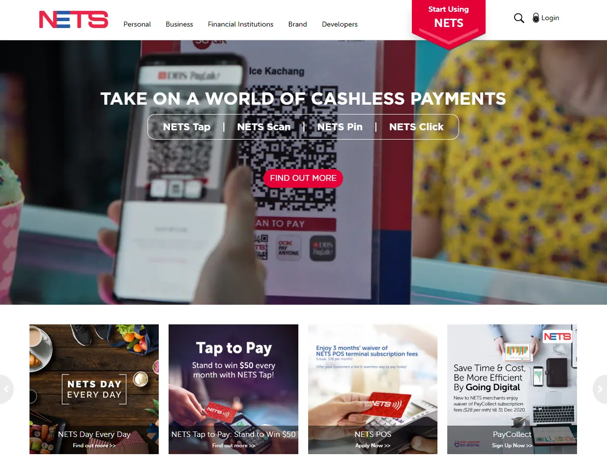 "A screenshot of the NETS website showing a mobile phone being tapped for a contactless transaction.