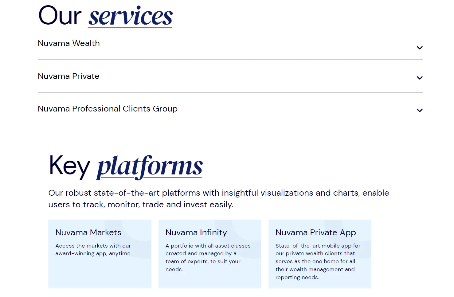 Image from Nuvama's webpage showcasing their key services and state-of-the-art platforms offered to enable the users to track, monitor, trade and invest easily.