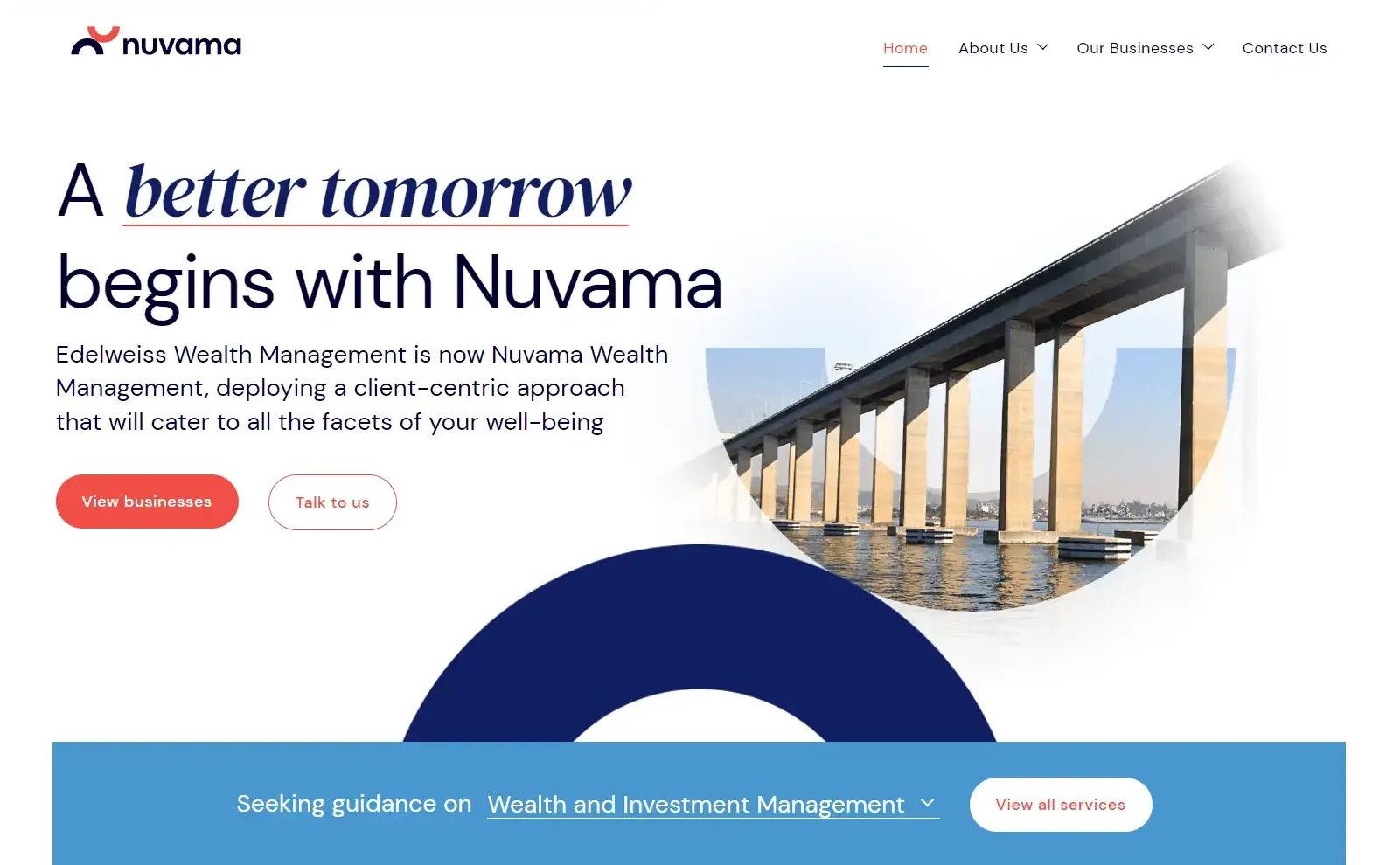 "A screenshot of the Nuvana website featuring a bridge over water, symbolizing connectivity and progress in wealth management.