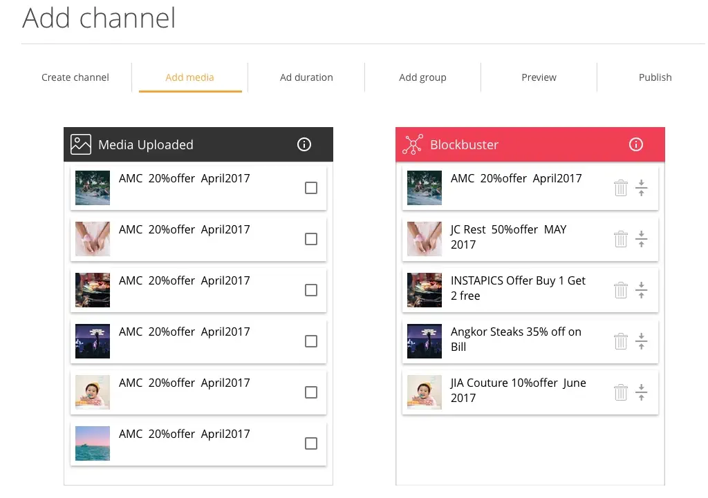 User interface screenshot taken from the Outabox app displaying 'add channel' process with media items uploaded and ready for scheduling and publishing.