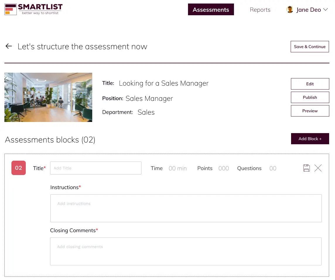 A screenshot of a web-based recruitment platform displaying a page with options to edit, preview, and publish the position.
