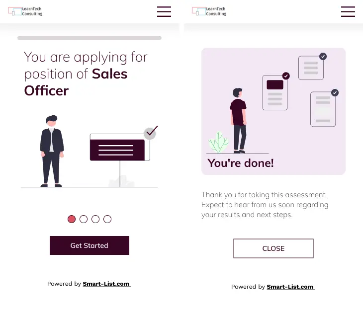Split image of an online job application process showcasing the start application for sales position and the completion message.