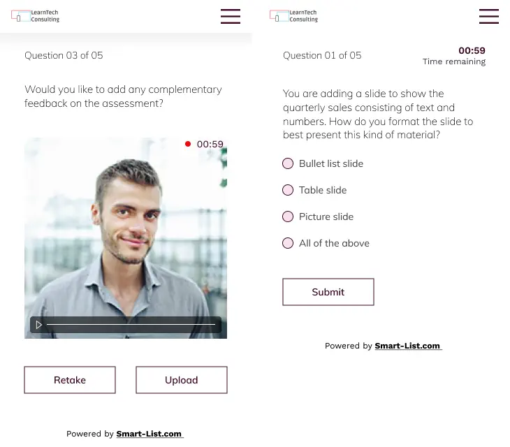A smiling man appears in a blurred office environment on a video player interface, with visible playback controls and a quiz interface.