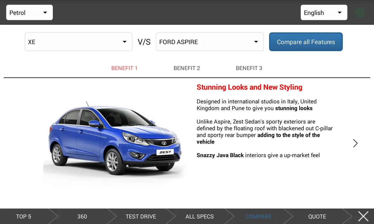 A screenshot of the Tata Motors app showing an option to compare Tata cars with competitor cars.