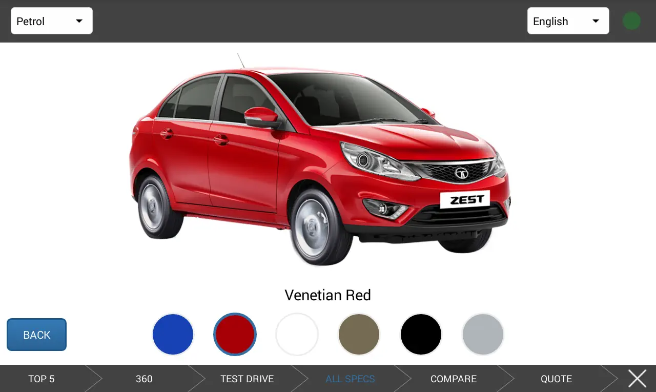 A sleek red sedan showcased on a car model selection screen with available color options, branded with the name "Zest."