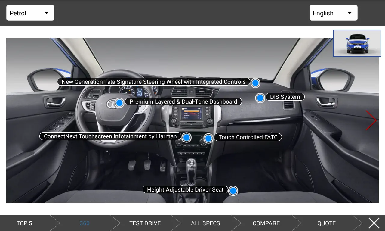A screenshot of the Tata Motors app displaying the interior view of a modern car, highlighting various features on the dashboard.