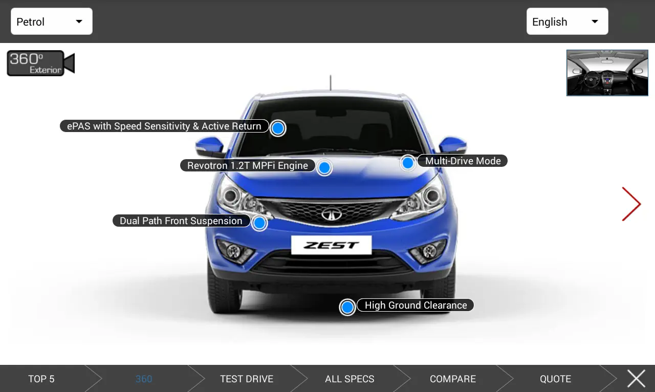 A screenshot of the Tata Motors app highlighting the key features on the exterior of a blue Tata Zest car.