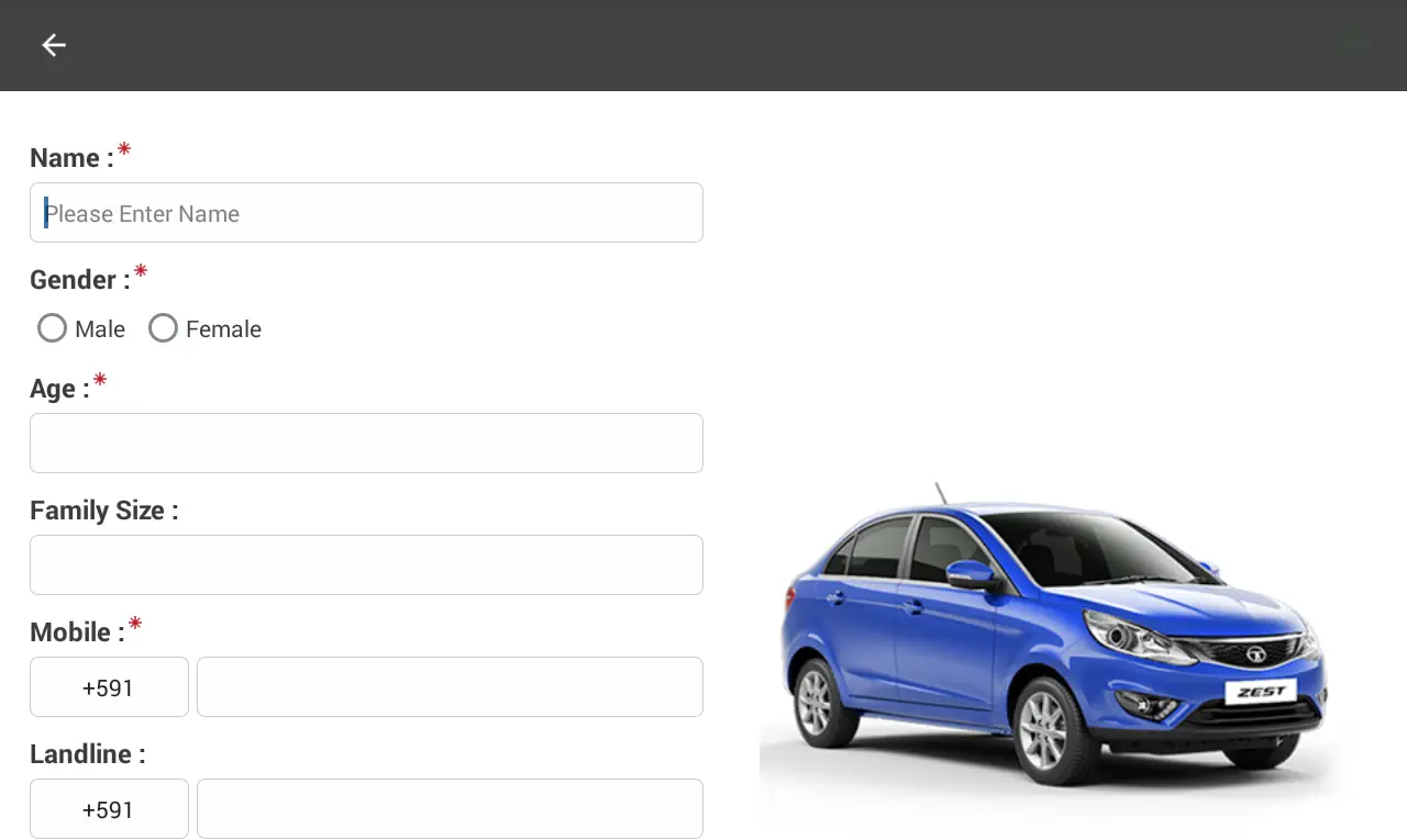 A screenshot of the Tata Motors app displaying a form with a picture of a car beside it.