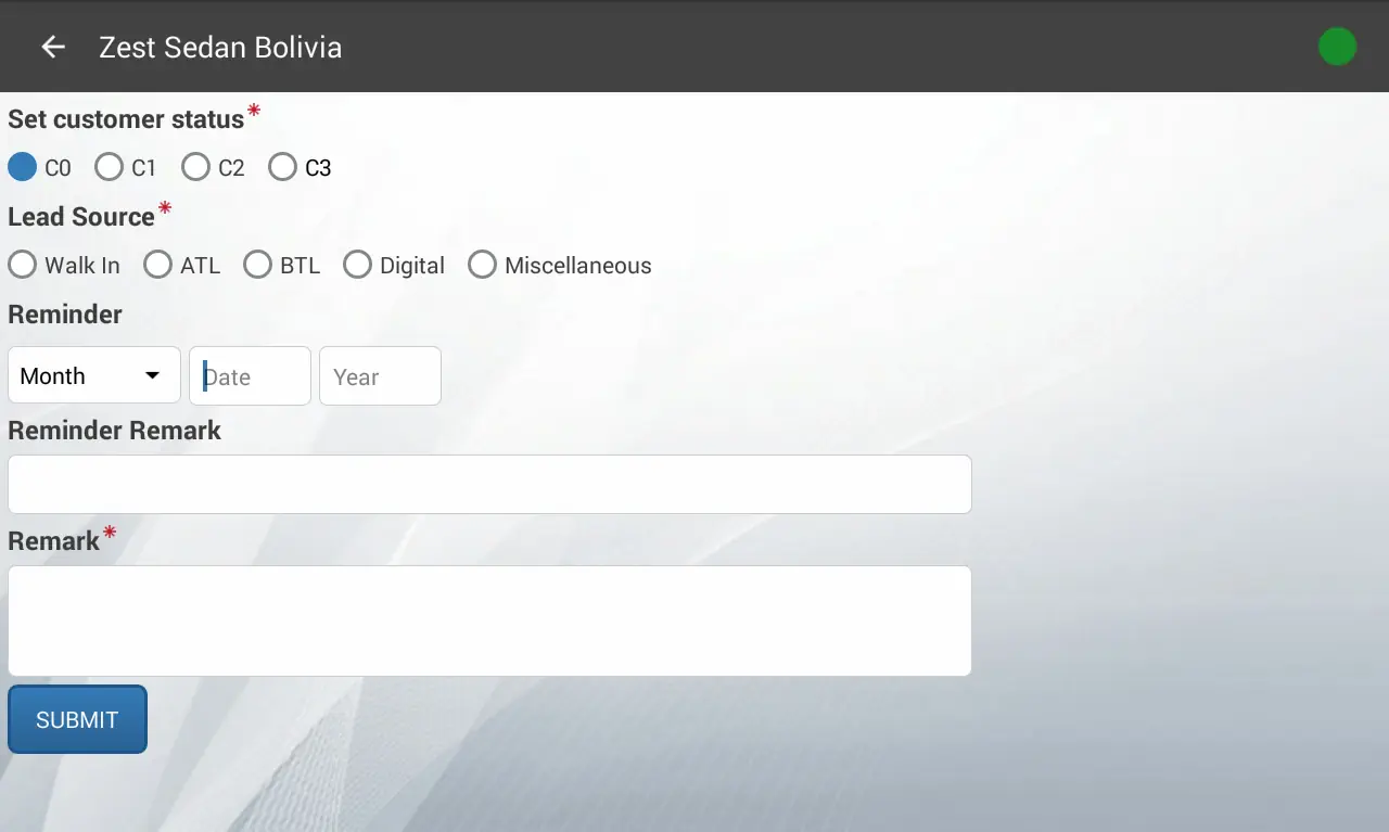 A screenshot of the Tata Motors app customer management interface, showing fields to set customer status.