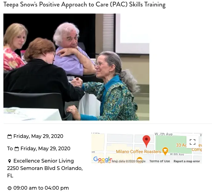 Image showing the calendar and the location of a training session or workshop focused on caregiving .