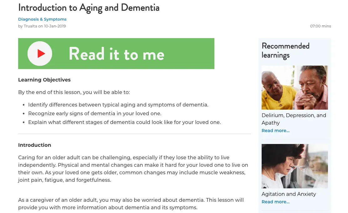 A screenshot of the Trualta application displaying a blog on aging and dementia.