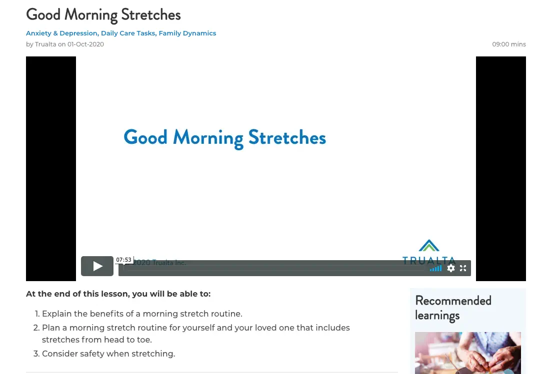A screenshot of the Trualta application featuring a video about "Morning Stretches".