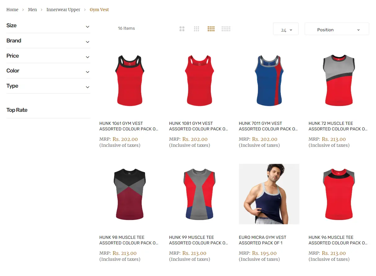 A selection of athletic sleeveless tops for men displayed in an online shopping catalogue, with various colour options and prices listed.