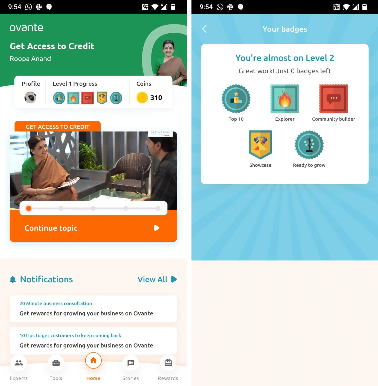 Ovante split-screen: Financial dashboard (left) with credit features. Gamified learning (right) congratulates on nearing level 2, encourages engagement
