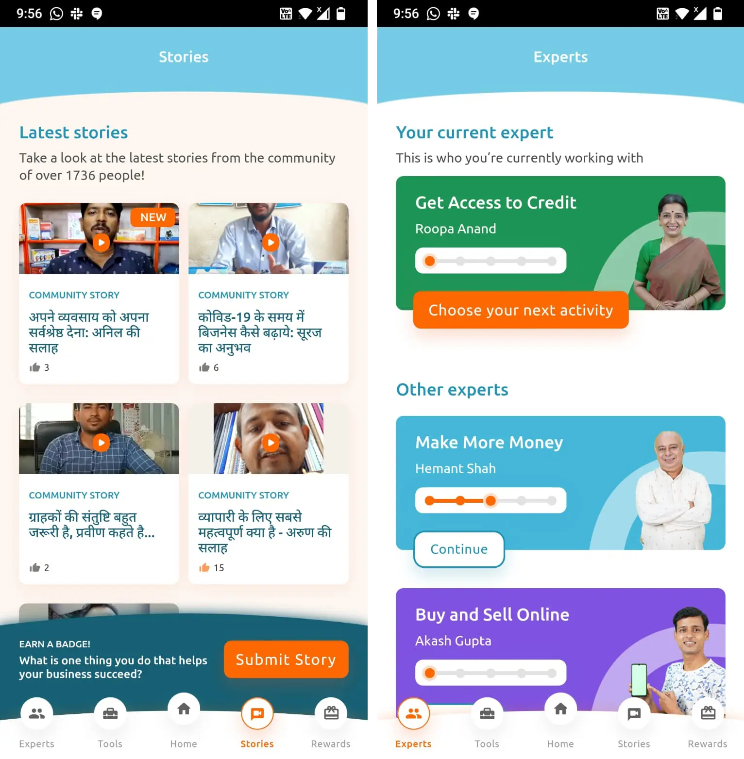 Image of mobile app showing multilingual content sections and interactive interface.