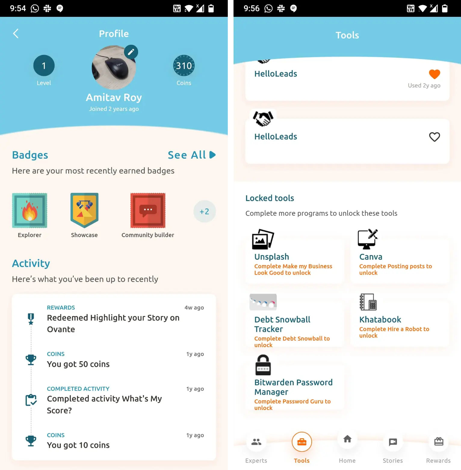 Mobile app image showing gamification with rewards, badges, profile features, and rewards redemption; clean design with colorful icons and progress indicators.