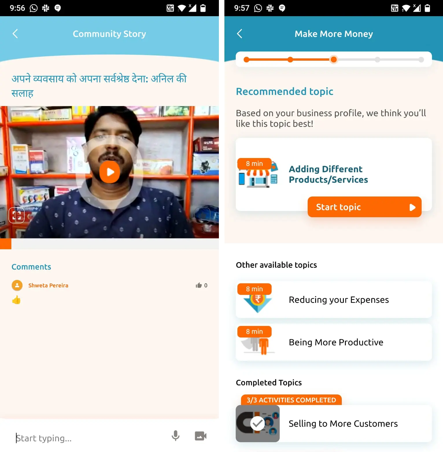 Mobile app image showing community stories, business advice features showing video segment on left and business topics suggested on right.