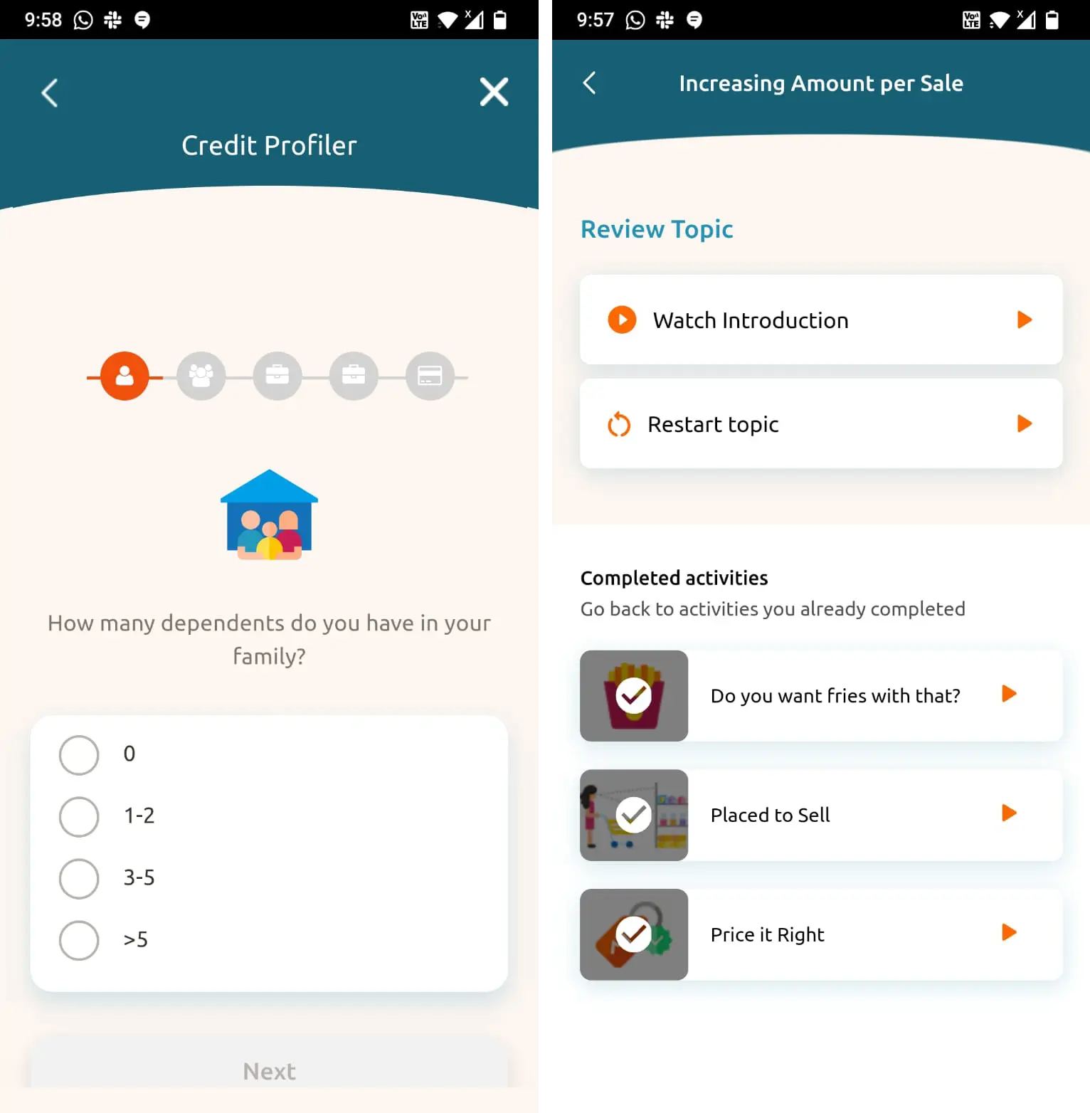 Screenshots of two mobile app interfaces showing the user profile or registration screen on the left and the part of a learning or sales training module on the right.