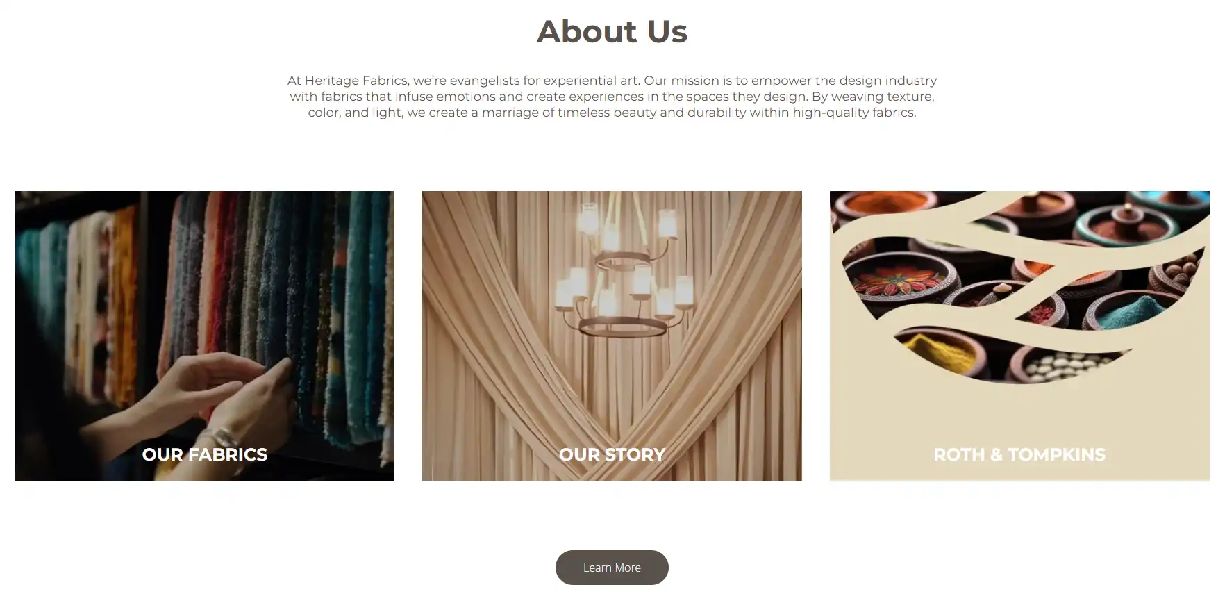 Textile company website collage showing vibrant fabric swatches, wooden chandelier reflecting brand story, elegant buttons highlighting quality materials.