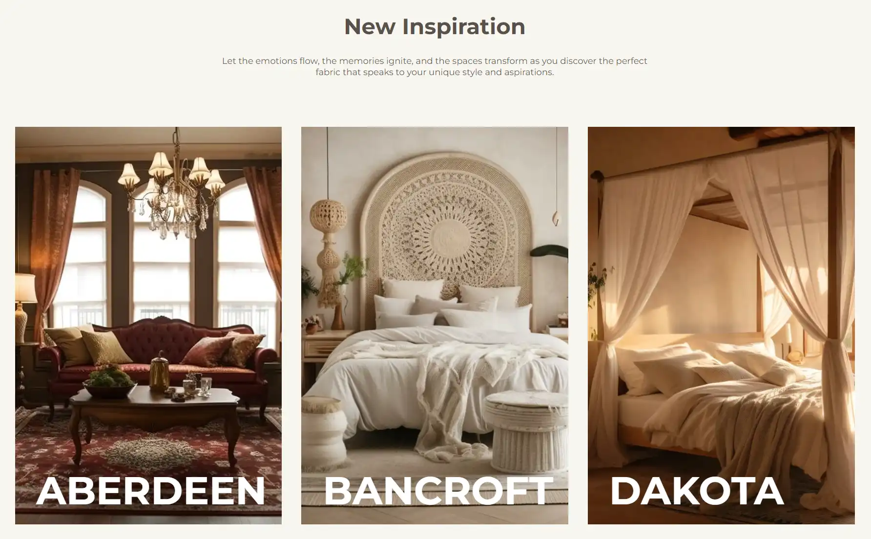 Three elegantly styled living room and bedroom interiors named aberdeen, bancroft, and dakota, showcasing unique design inspirations with luxurious fabrics and cozy aesthetics.