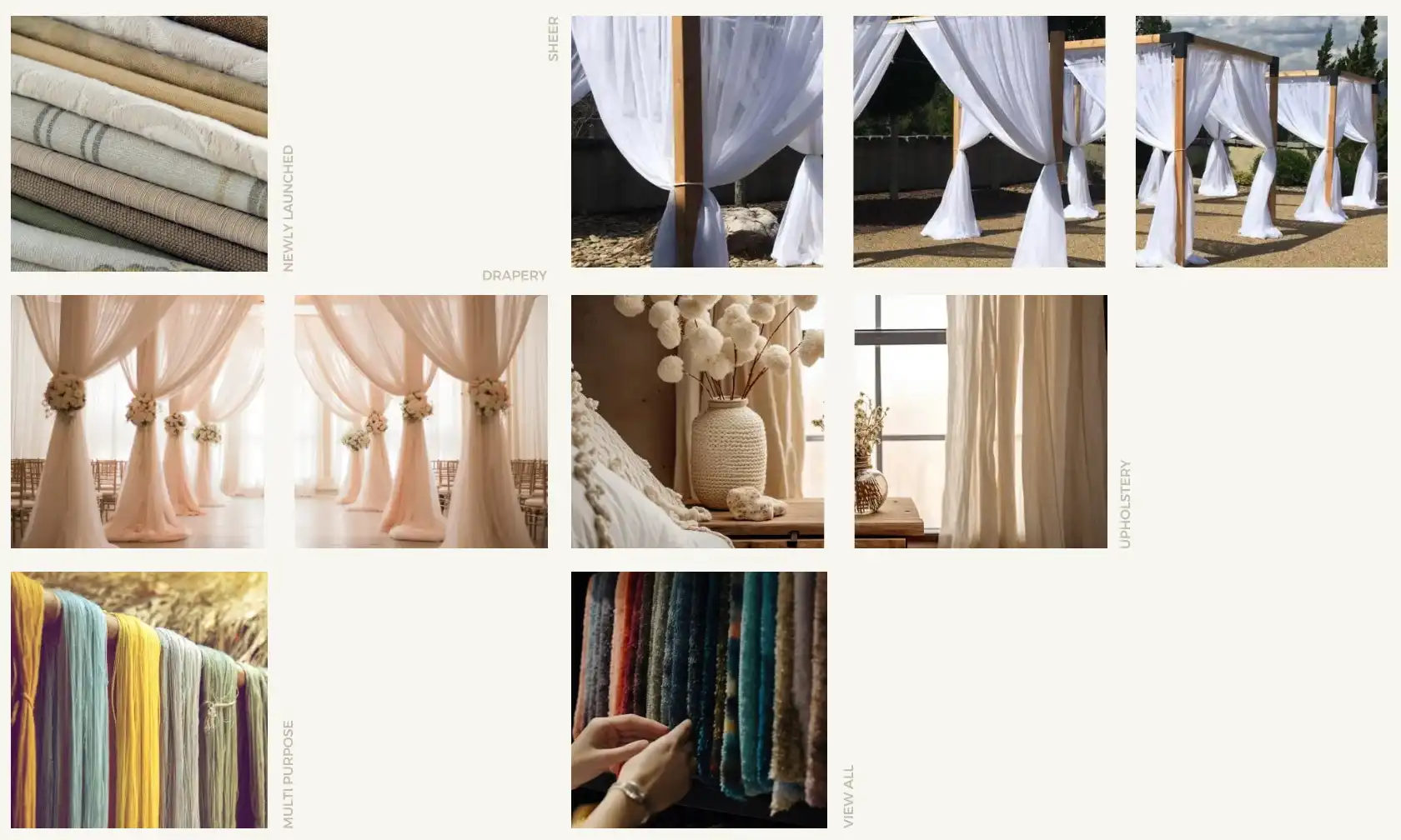 A collection of various elegant drapery designs and settings, showcasing an assortment of fabrics and styles from sheer to opaque, in both indoor and outdoor environments.