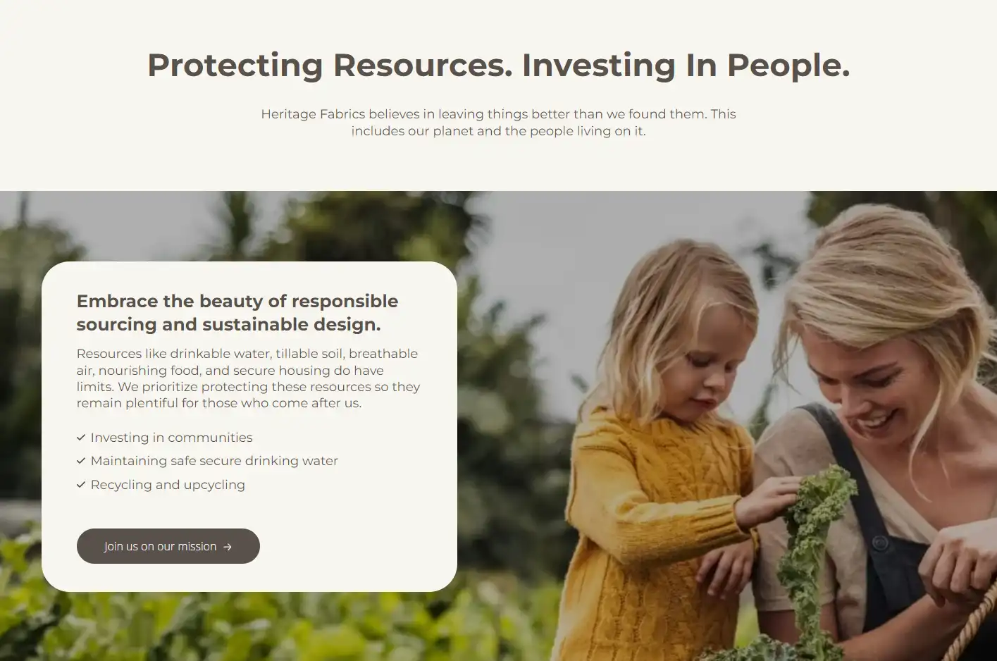 A smiling adult and child engage in gardening, symbolising eco-consciousness and the nurturing of nature as part of a company's commitment to sustainability and resource protection.